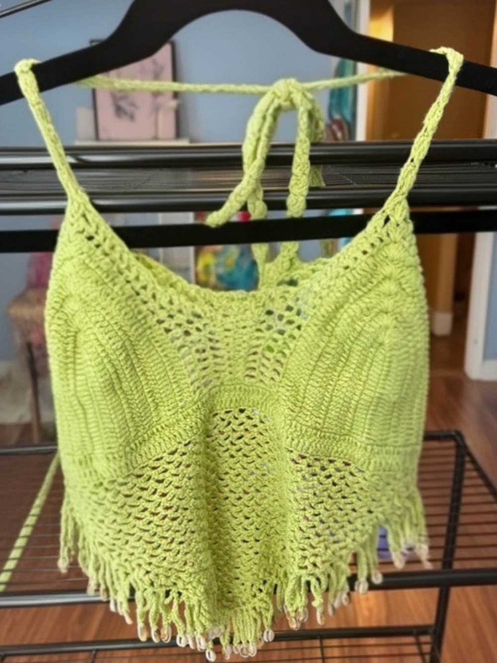 Lime Crochet Fringe Crop Tank Top - Women
